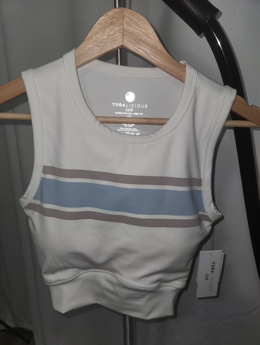 Yogalicious Lux Off White Tank Crop Top with Blue Stripe